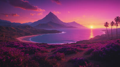دانلود والپیپر غروب ساحل و کوه Sunset Beach Mountain Scenery