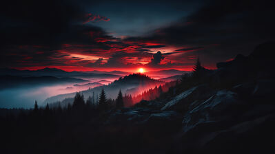 دانلود والپیپر غروب افق کوه مه جنگل ابر آسمان Sunset Horizon Mountain Fog Forest