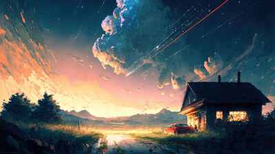 دانلود والپیپر غروب افق منظره خانه Sunset Horizon Scenery House Art