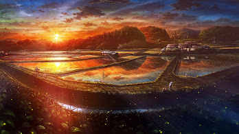 دانلود والپیپر منظره شالیزار غروب Sunset Paddy Field Nature Scenery Landscape Anime