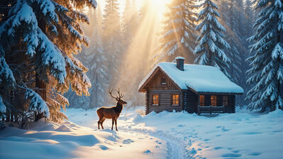 دانلود والپیپر کلبه جنگلی زمستانه Winter Forest Cabin Deer Scenery