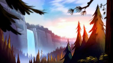 دانلود والپیپر گرانیتی فالز آبشار و جنگل Gravity Falls Waterfall Forest Scenery