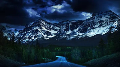دانلود والپیپر منظره جاده کوهستانی جنگل کانادین راکیز Mountain Road Forest Canadian Rockies Dark Clouds Scenery