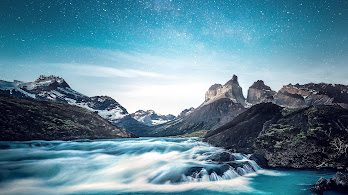 دانلود والپیپر منظره کوه آسمان ستاره رودخانه طبیعت Mountain Sky Stars River Landscape Nature Scenery