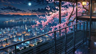دانلود والپیپر شب ماه کامل گیلاس شهر Night Full Moon Cherry Blossom City