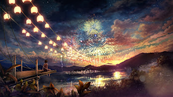 دانلود والپیپر فستیوال آتش‌بازی انیمه Anime Fireworks Festival Scenery Lanterns