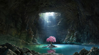 دانلود والپیپر منظره شکوفه گیلاس و غار Beautiful Cherry Blossom Cave Lake