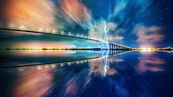 دانلود والپیپر منظره شب انعکاس پل Bridge Reflection Night Scenery