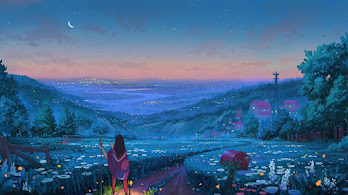دانلود والپیپر انیمه منظره شب فانتزی Fantasy Anime Night Scenery