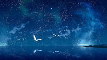 دانلود والپیپر انیمه شب و دریا و فانوس دریایی Night Sky Stars Ocean Horizon Scenery Lighthouse Anime