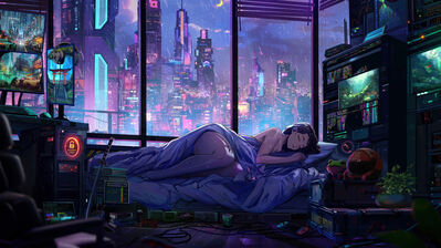 دانلود والپیپر سایبرپانک دختر شهر خواب Sci-Fi Cyberpunk City Girl Sleeping