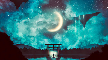 دانلود والپیپر درب معبد و آسمان شب Shrine Gate Night Sky Anime Scenery