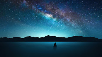 دانلود والپیپر منظره شب پرستاره قایق بادبانی کهکشان Starry Night Sky Sailboat Milky Way