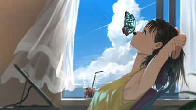 دانلود والپیپر دختر انیمه پروانه و ابر Anime Girl Butterfly
