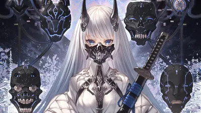 دانلود والپیپر دختر انیمه ماسک و کاتانا مو سفید Anime Girl Mask Katana White Hair