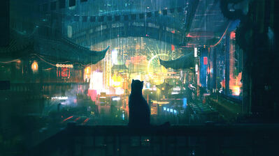 دانلود والپیپر گربه و شب‌شهر Cat Night City Digital Art