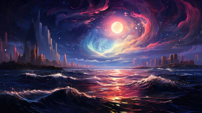 دانلود والپیپر شهر مهتاب اقیانوس City Moon Ocean Art