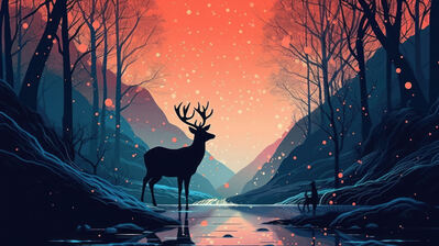 دانلود والپیپر سیلوئت گوزن و جنگل Deer Silhouette Mountain Forest