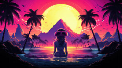 دانلود والپیپر غروب ساحل دختر و نخل Sunset Beach Girl Palm Tree Scenery