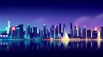 دانلود والپیپر شهر نئون لنداسکیپ دیجیتال Neon City Skyline Cityscape Digital Art Landscape