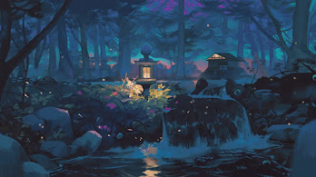 دانلود والپیپر منظره شب جنگل و رودخانه Night Forest River Art