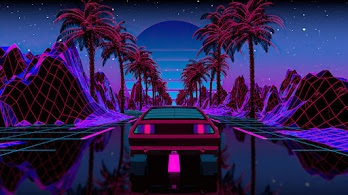 دانلود والپیپر ماشین رتروویو شب Retrowave Car Night Scenery Palm Trees