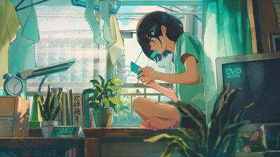 دانلود والپیپر دختر انیمه در حال بازی Anime Girl Playing Game | دختره داره بازی می‌کنه، تو داری بهش نگاه می‌کنی؛ یعنی دقیقاً همونقدر که از زندگی عقبی، از این بک‌گراند هم عقبی.