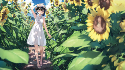 دانلود والپیپر دختر انیمه و گل آفتابگردان تابستان Anime Girl Sunflower