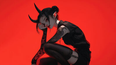 دانلود والپیپر دختر انیمه شیطان شاخ تتو Anime Girl Demon Horn Tattoo
