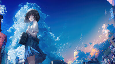 دانلود والپیپر دختر انیمه مدرسه و آسمان Anime Girl Student School Uniform Sky Clouds