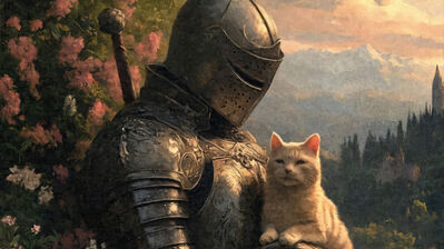 دانلود والپیپر فانتزی گربه شوالیه زره گل Fantasy Knight Cat Armor Flowers