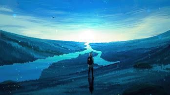دانلود والپیپر دیجیتال آرت سفر تنها در طلوع رودخانه Sunrise River Horizon Scenery Travel Alone Digital Art