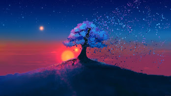 دانلود والپیپر منظره شب درخت و غروب پرستاره Tree Sunset Scenery Night Stars Digital Art