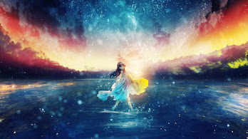 دانلود والپیپر غروب و آسمان پرستاره و دختر انیمه Beautiful Sunset Starry Night Sky Anime Girl
