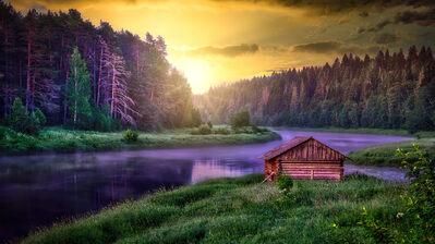 دانلود والپیپر منظره طبیعت غروب کابین رودخانه جنگل Cabin River Forest Nature Sunset Scenery