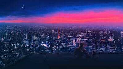 دانلود والپیپر دختر و گربه و شب شهر Girl Cat Night City Buildings