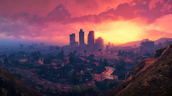 دانلود والپیپر جی‌تی‌ای ۵ منظره غروب شهر Grand Theft Auto V City Sunset