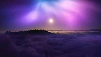 دانلود والپیپر منظره دریای ابر شب کوه شفق شمالی Mountain Sea of Clouds Northern Lights