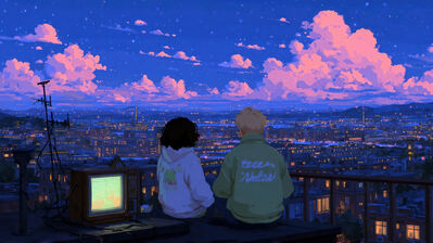 دانلود والپیپر منظره شب آسمان ابر شهر Night City Sky Clouds Scenery Art