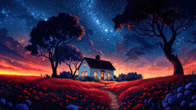 دانلود والپیپر منظره غروب آسمان شب ستاره خانه Sunset Night Sky Stars House Scenery
