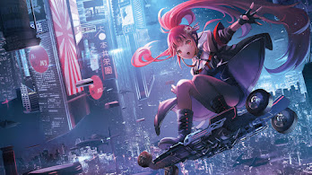 دانلود والپیپر دختر انیمه شهر علمی تخیلی Anime Girl Sci-Fi City
