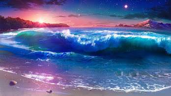 دانلود والپیپر انیمه موج دریا و غروب Beach Waves Sunset Scenery Anime