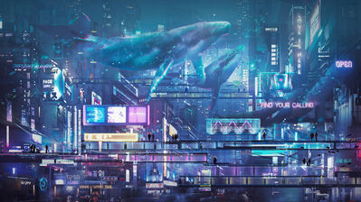 دانلود والپیپر سایبرپانک نایت سیتی هولوگرام Cyberpunk
