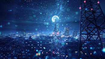 دانلود والپیپر انیمه شهر آسمان شب ستاره‌دار Night Sky City Stars Anime Scenery