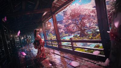 دانلود والپیپر دختر انیمه کیمونو و شکوفه گیلاس Cherry Blossom Anime Girl Kimono