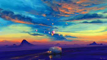 دانلود والپیپر طبیعت رنگارنگ ون و بالن هوایی Colorful Scenery Van Hot Air Balloon