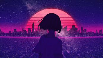 دانلود والپیپر سینت‌ویو دختر و غروب شهر Girl Sunset Synthwave