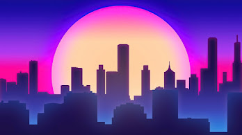 دانلود والپیپر دیجیتال آرت غروب شهر سینت‌ویپ City Sunset Digital Art Synthwave