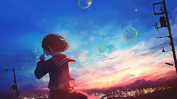 دانلود والپیپر دختر انیمه منظره غروب حباب Anime Scenery Girl Sunset