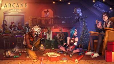 دانلود والپیپر کریسمس آرکین اکو جینکس ویکتور Arcane LoL League of Legends Game Christmas Ekko Jinx Viktor